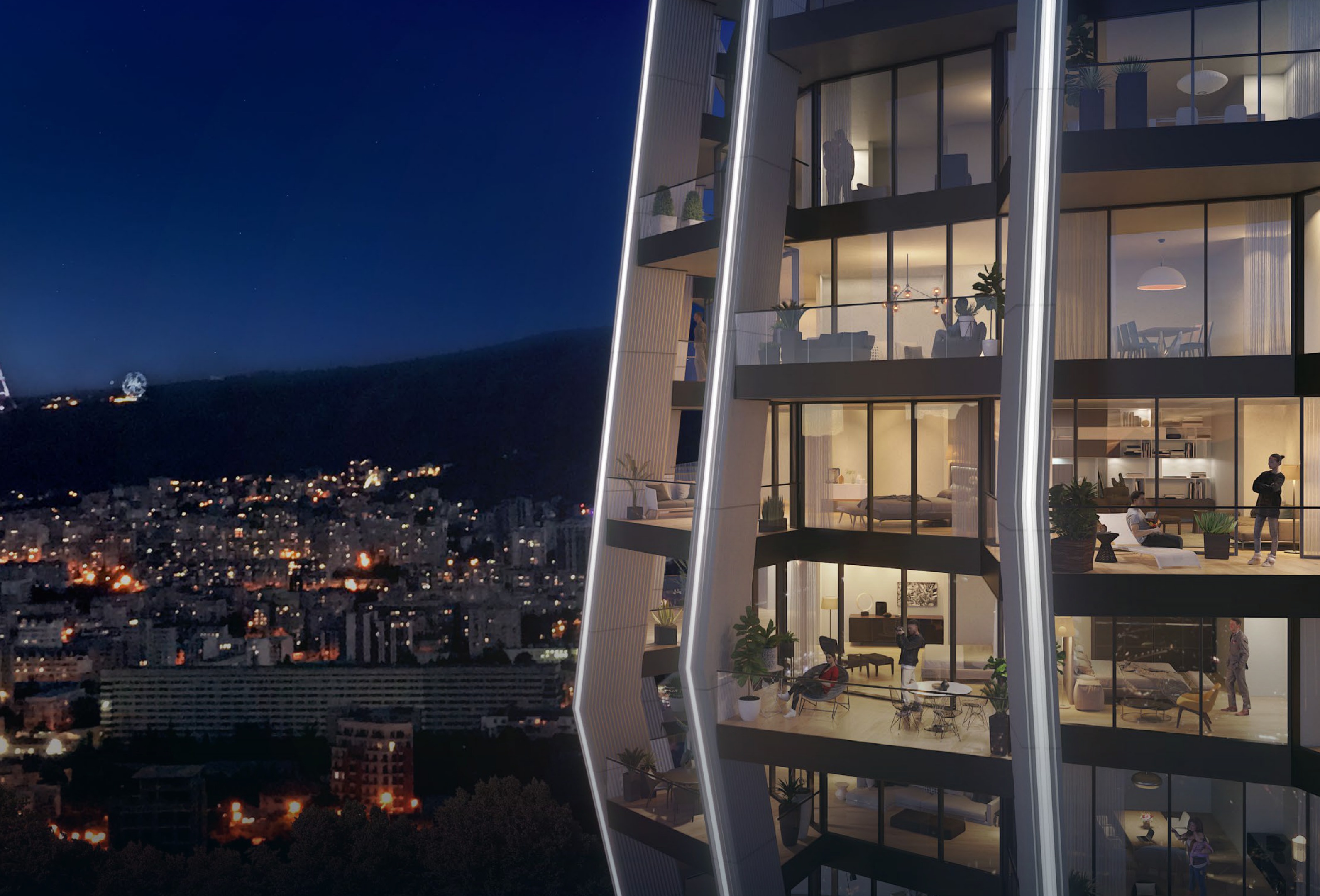 Clean night render of Wyndham Grand Residences Tbilisi Building C